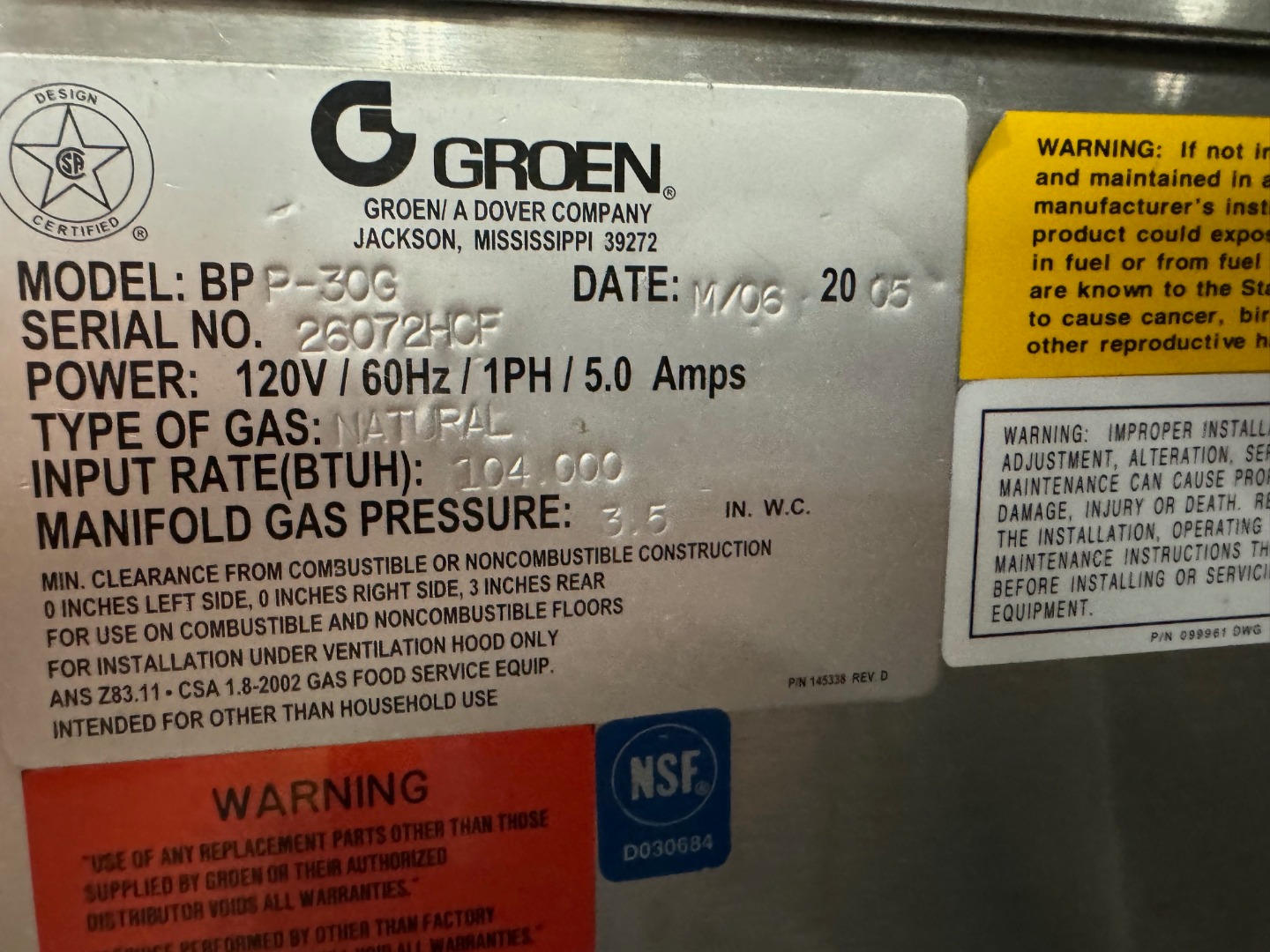 Used Groen 30 Gallon Gas Manual Tilt Skillet BPM30G from School